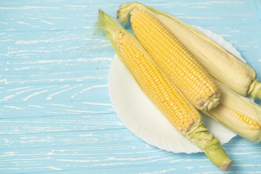 Corn cob with green leaves lies on white ceramic plate blue color background. Copy space for text.