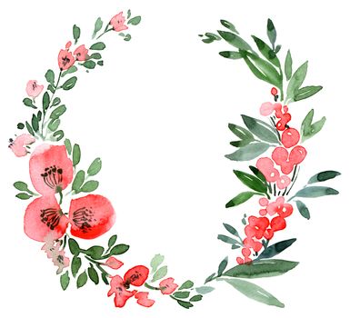 Floral wreath with poppy flowers, leaves and berries. Botanical illustrations. Watercolor frame.