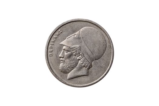 Greek 20 Drachma coin dated 1982 with a portrait image of  Pericles (495 – 429 BC) cut out and isolated on a white background