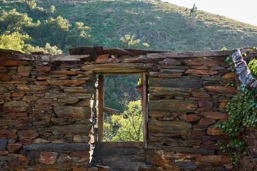 Schist stone house window detail on the village of Drave in Serra da Freita Arouca, in Portugal