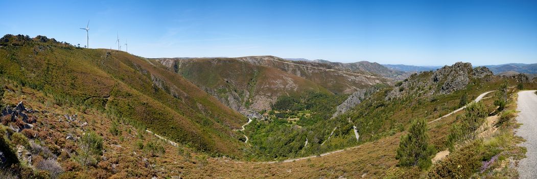 Aldeia da Pena in Arouca Serra da Freita panorama with wind turbines, Portugal