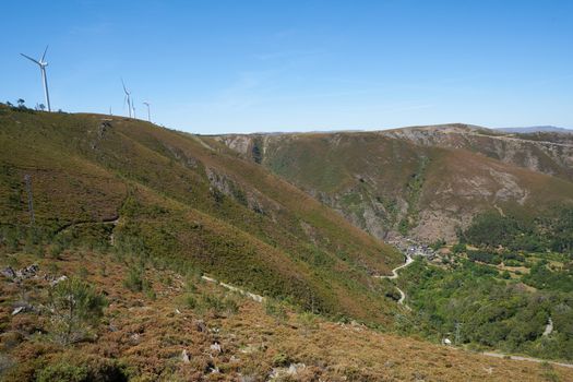 Aldeia da Pena in Arouca Serra da Freita with wind turbines, Portugal