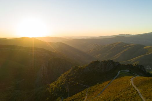 Serra da Freita drone aerial view in Arouca Geopark road at sunset, in Portugal