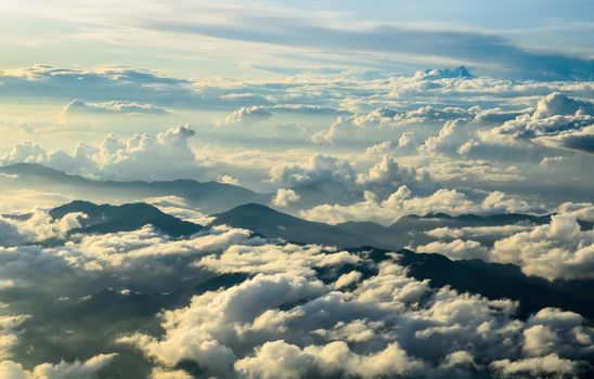 Beautiful aerial view of the cloudscape taken above Nepal in the evening