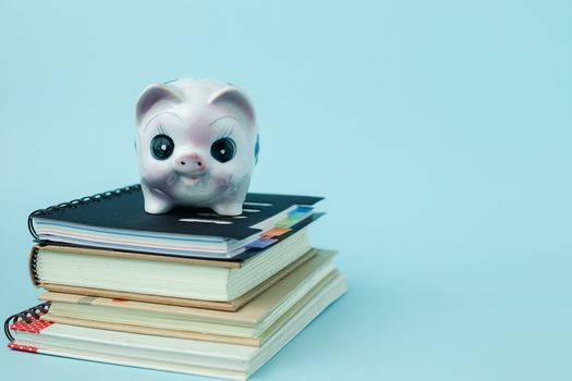 Saving piggy bank on books against blue background for save money and education financial concept