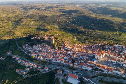 Castelo de Vide drone aerial view in Alentejo, Portugal from Serra de Sao Mamede mountains