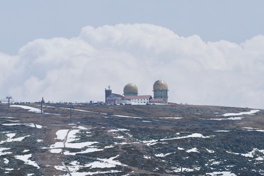 Torre tower highest point of Serra da Estrela in Portugal with snow, in Portugal