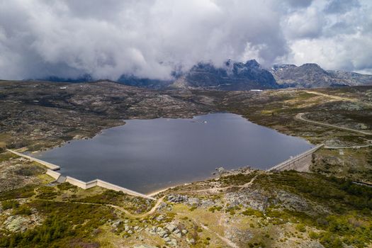 Aerial drone view of Lagoa do Viriato in Serra da Estrela, Portugal