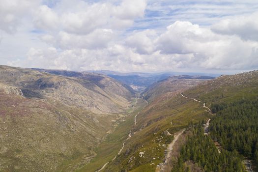 Aerial drone view landscape of Vale Glaciar do Zezere valley in Serra Estrela, Portugal