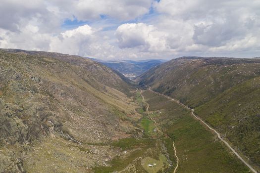 Aerial drone view landscape of Vale Glaciar do Zezere valley in Serra Estrela, Portugal