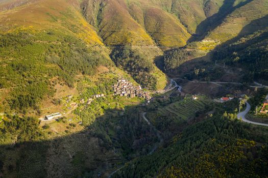 Piodao aerial drone view of schist shale village in Serra da Estrela, Portugal