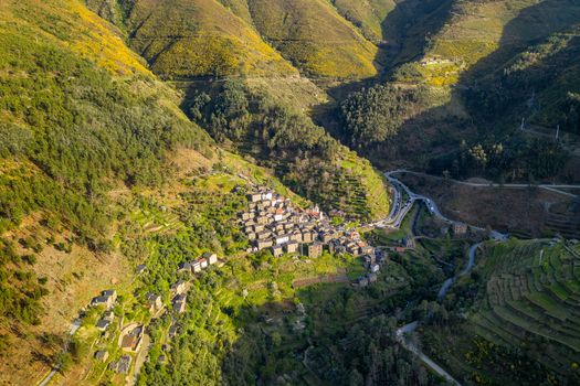 Piodao aerial drone view of schist shale village in Serra da Estrela, Portugal