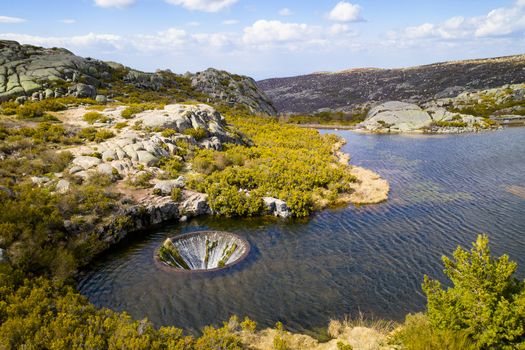 Drone aerial view of landscape in Covao dos Conchos in Serra da Estrela, Portugal