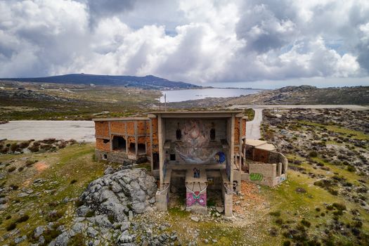 Aerial drone view of the abandoned cableway building in Serra da Estrela, Portugal