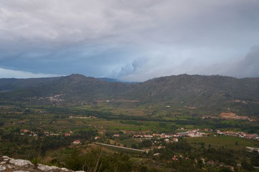 View of Serra da Estrela natural park mountains landscape at sunset from the roadside, in Portugal