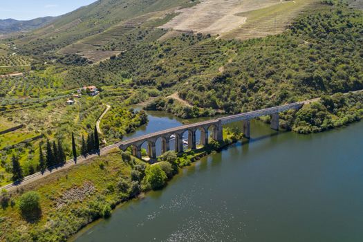 Bridge drone view like Harry Potter movie in Douro River Region, in Portugal