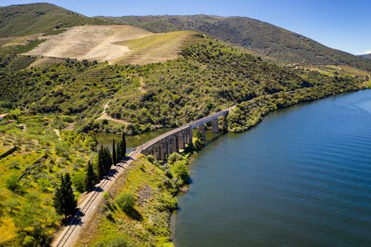 Bridge drone view like Harry Potter movie in Douro River Region, in Portugal