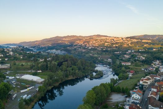 Amarante drone aerial view with of city landscape in Portugal at sunrise