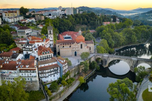 Amarante drone aerial view with beautiful church and bridge in Portugal at sunrise