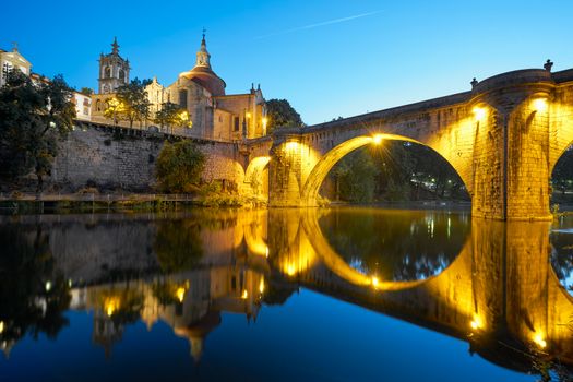 Amarante church view with Sao Goncalo bridge at night, in Portugal