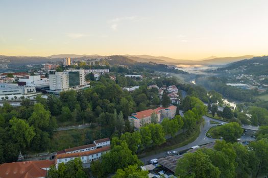 Amarante drone aerial view with of city landscape in Portugal at sunrise