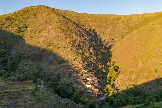 Drave drone aerial view of village in Arouca Serra da Freita mountain, Portugal