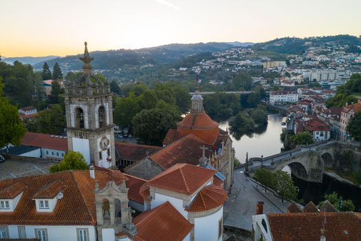 Amarante drone aerial view with beautiful church and bridge in Portugal at sunrise