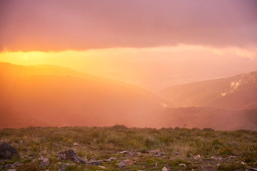 Beautiful view from the top of Lousa mountain in the North of Portugal at sunset