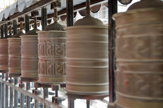 Prayer wheels in the temples of Kathmandu,  Nepal