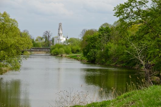 River view to the ancient Christian church in the Suzdal town