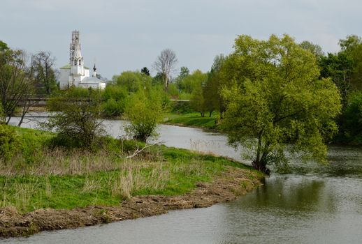 River view to the ancient Christian church in the Suzdal town