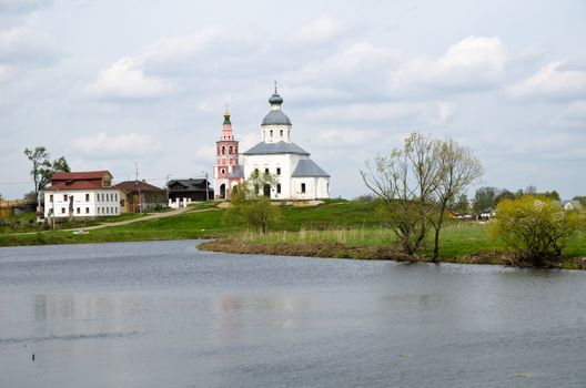 River view to the ancient Christian church in the Suzdal town