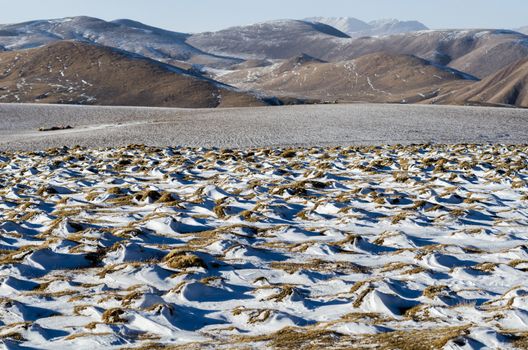 Snowy landscape on a high altitude mountain pass