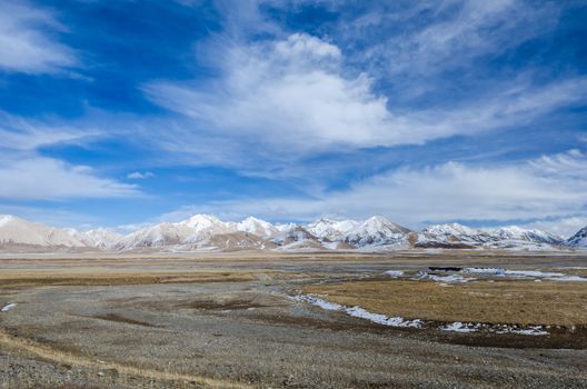 Amazing view of the high altitude Tibetan plateau and cloudy sky at Qinghai province