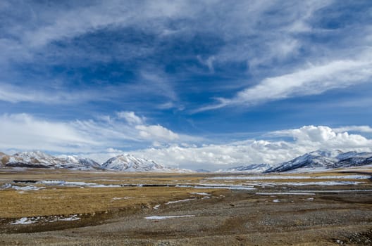 Amazing view of the high altitude Tibetan plateau and cloudy sky at Qinghai province