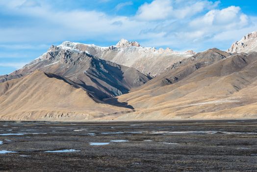 Beautiful Tibetan landscape with frozen lakes, snowy mountains and cloudy sky at Qinghai province