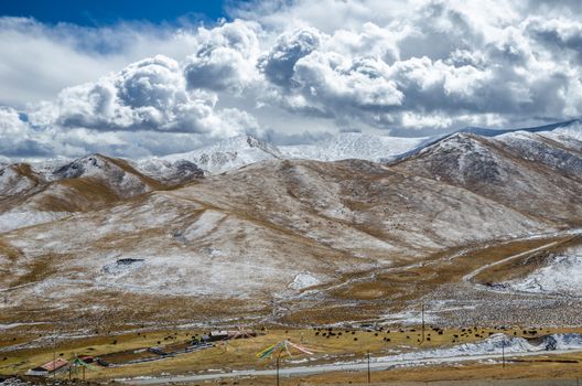 Astonishing Tibetan cloudy sky and high altitude snowy mountains near the nomads camp