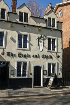 Oxford, UK - March 26, 2012: Exterior of the famous Eagle and Child public house in the middle of Oxford.  The Inklings authors used to drink here including C S Lewis and J R R Tolkien.    