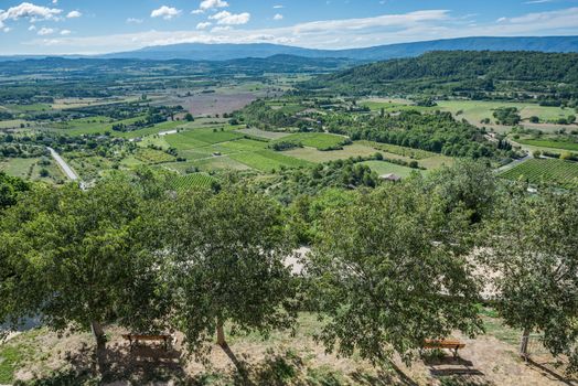 Panoramic view of the cultivated and green landscape of Provence, France