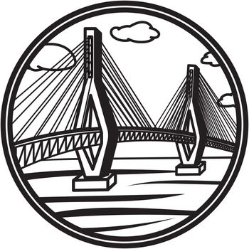 The drawbridge over the lake, round seal, vector illustration. Computer digital drawing.