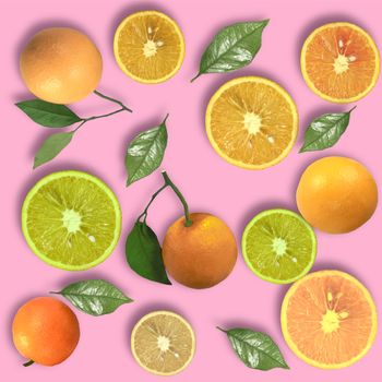 Colorful fruit background of fresh orange slices. Top view whole orange and half of orange.