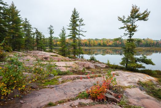 Typical Canadian landscape of a lake at Killarney Provincial Park with multicoloured fall trees and red rock formations