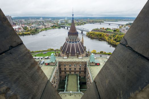 Attractive symmetrical view of Ontario to Quebec border from Peace Tower, Ottawa, Canada