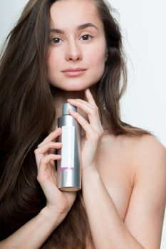 beauty product model woman white background massage oil
