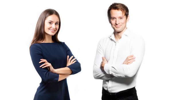 Business woman and man on white background. crossing arms. Smiling happy couple on white background facing camera. Business portrait of two people. Team work couple. husband and wife on white. High quality photo