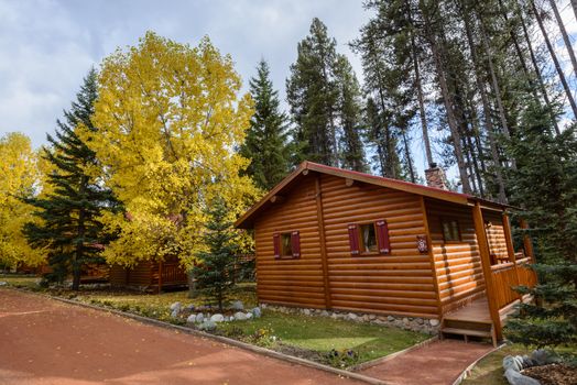 Comfortable quiet wooden hotel at the multicolored fall forest of Banff National Park