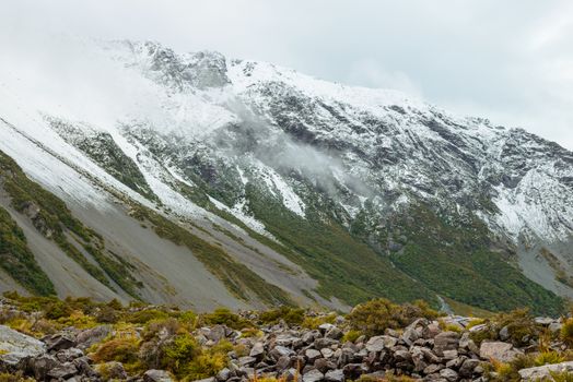 Snowy mountains along the Hooker Valley Track, Mount Cook National Park, New Zealand