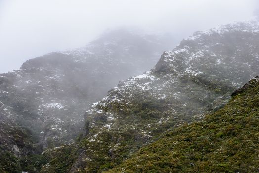 Fuzzy snowy mountains along the Hooker Valley Track, Mount Cook National Park, New Zealand