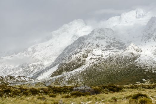 Fuzzy snowy mountains along the Hooker Valley Track, Mount Cook National Park, New Zealand