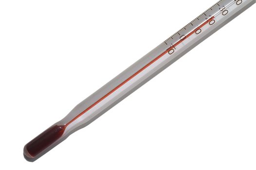 A liquid alcohol thermometer on a white background